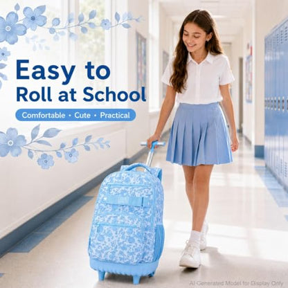 gxtvo Girls Backpack with Wheels, Women Roller Bookbag with Lunch Box for Adults, Water Resistant Wheeled School Bag for College Teens Kids Travel - Blue Flower - color: Girls Rolling Backpack Blue Flower