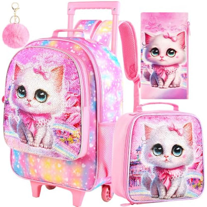 CCJPX 3PCS Rolling Backpack for Girls, Kids Cat Roller Wheels School Bookbag with Lunch Bag, Wheeled School Bag for Toddler Elementary Children - color: Pink Cat