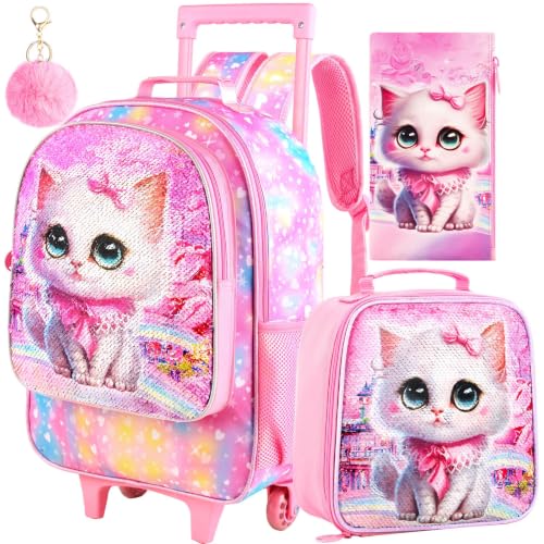 CCJPX 3PCS Rolling Backpack for Girls, Kids Cat Roller Wheels School Bookbag with Lunch Bag, Wheeled School Bag for Toddler Elementary Children - color: Pink Cat