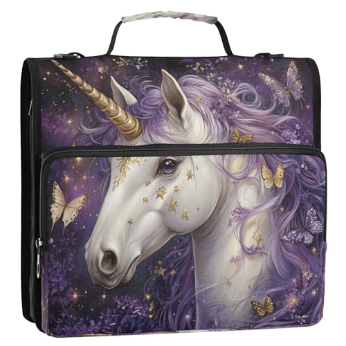Caikeny 3 Ring Zipper Binder Unicorn Purple Gold Sparkle Butterfly 1.5 inch Binders Bag with Shoulder Strap and Handle Expanding File Pockets - color: Multicolored 1z2.13