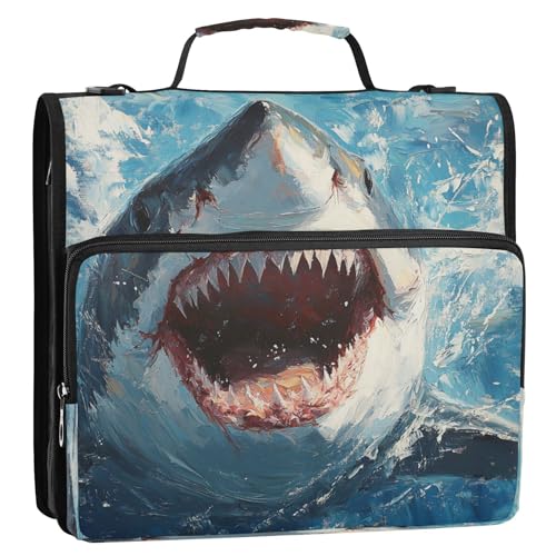 Caikeny 3 Ring Zipper Binder Oil Painting Sharks Fish Underwater Watercolor 1.5 inch Binders Bag with Shoulder Strap and Handle Expanding File Pockets - color: Multicolored 1z2.4