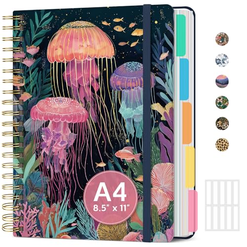 Large Spiral Notebook with Dividers & Tabs, 8.5" x 11" Hardcover 5 Subject Notebook for Work, 280 Pages, College Ruled, Cute Journal for Women, Perfect for Study & Office Note Taking, Jellyfish - color: N-Jellyfish