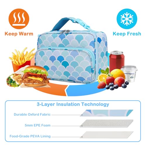 FlowFly Kids Lunch box with buckle Insulated Cooler Back to School Thermal Meal Tote Kit for Girls, Boys (Mermaid) - color: Mermaid