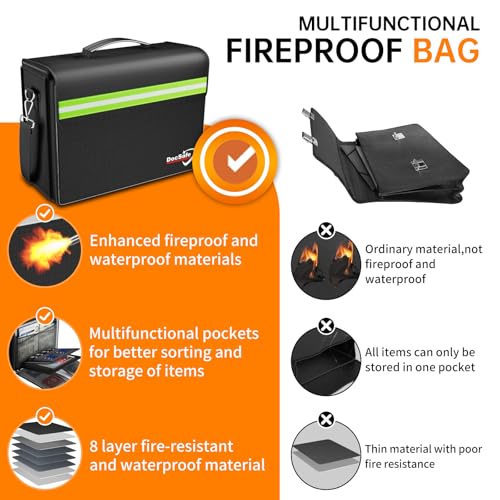 DocSafe 5200°F Large Fireproof＆Wate-Resistant Document Bag with Multiple Pockets,(17”x12.5”x7.2”) File Storage Organizer Important Document Holder - style: 17x12.5x7.2”+green Reflective Strip