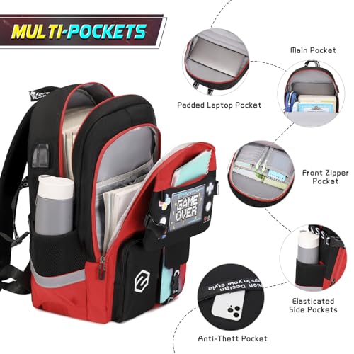 Scothen Boys Backpack, Cool Luminous School Backpacks for Boys with Lunch Bag Pencil Case, Kids Backpack Kindergarten Elementary Middle School Book Bags for Teen Boy Children with USB Charging Port - color: Red