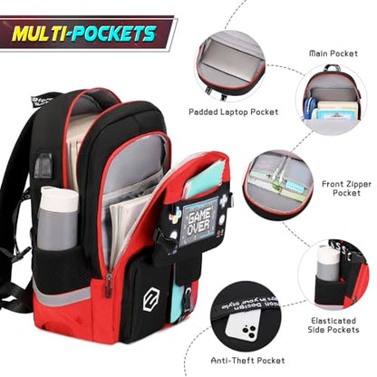 Scothen Boys Backpack, Cool Luminous School Backpacks for Boys with Lunch Bag Pencil Case, Kids Backpack Kindergarten Elementary Middle School Book Bags for Teen Boy Children with USB Charging Port - color: Red