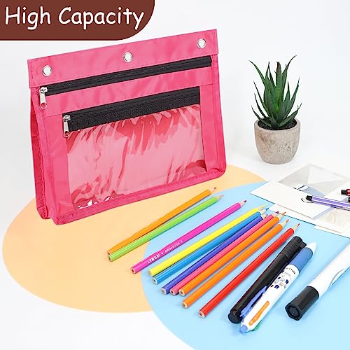 YoeeJob 1 Pack Pencil Pouch for 3 Ring Binder, Expandable Binder Pouches with Zipper, Large Capacity Pen Holder Case with Clear Window School Class Office Organizers, Rosy - color: Rosy