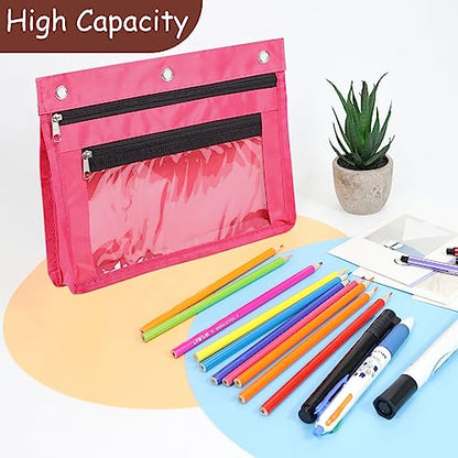 YoeeJob 1 Pack Pencil Pouch for 3 Ring Binder, Expandable Binder Pouches with Zipper, Large Capacity Pen Holder Case with Clear Window School Class Office Organizers, Rosy - color: Rosy