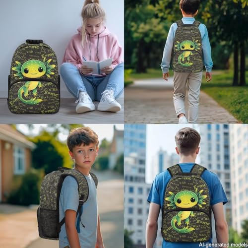 17 Inch Kid's 4PCS Backpack Set, Back to School Essentials | Insulated lunch box, water bottle pouch, pencil case, lightweight, padded shoulder straps, for elementary, middle school - color: Green Axolotl