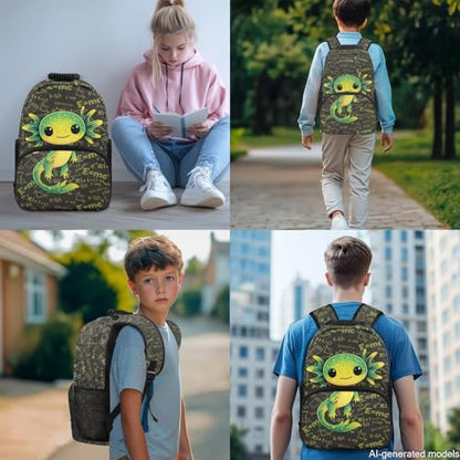 17 Inch Kid's 4PCS Backpack Set, Back to School Essentials | Insulated lunch box, water bottle pouch, pencil case, lightweight, padded shoulder straps, for elementary, middle school - color: Green Axolotl