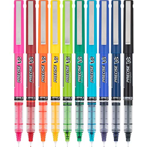 Pilot Precise V5 Capped Liquid Ink Rollerball Pens, Extra Fine Point Ink Pens 0.5 mm, Colored, Assorted Colors, Pack of 10 - Ideal for School, Journaling, & Office Writing - size: 1 Count (Pack of 10)