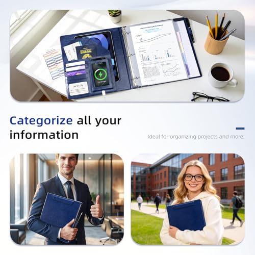 Ospelelf 3 Ring Clipboard Binder with Storage Pouch, 1 Inch Round Ring, Leather Magnetic Clipboard Folder with Notepad (11" x 8.5"), 5 Dividers with 10 Pockets, School Office Binder, Navy Blue - color: Blue