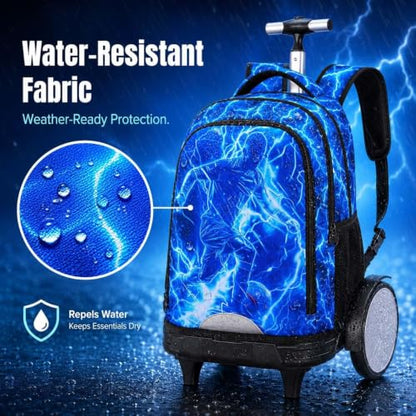 3Pcs Large Rolling Backpack for Boys, 20 Inch Detachable Wheeled Bookbag with Lunch Box, Durable Lightning Soccer Roller Backpack for Elementary Middle School (Blue) - color: Large Wheels Soccer Blue
