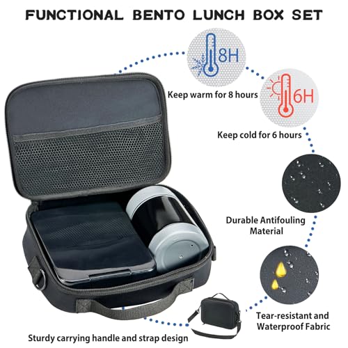 Bento Lunch Box Set for Kids with 10oz Soup Thermo, Leak-Proof Lunch Containers with 4 Compartment, Kids Thermo Hot Food Jar and Insulated Lunch Bag for Kid to School,BPA-Free(Black) - color: Black
