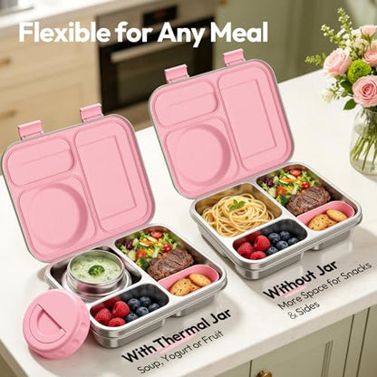 Stainless Steel Bento Lunch Box with 8oz Insulated Food Jar, 3 Compartment Metal Bento Lunch Container for Kids & Adults with Silicone Container and Food Thermo for Work & School, BPA-Free(Pink) - color: Pink