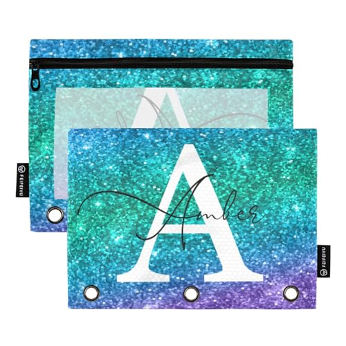 Personalized Pencil Pouch for 3 Ring Binder Glitter Blue Green Violet Custom Pencil Pouches Case Binder Cosmetic Bag 2 Pack for Office School College Supplies - color: Glitter Blue Green Violet