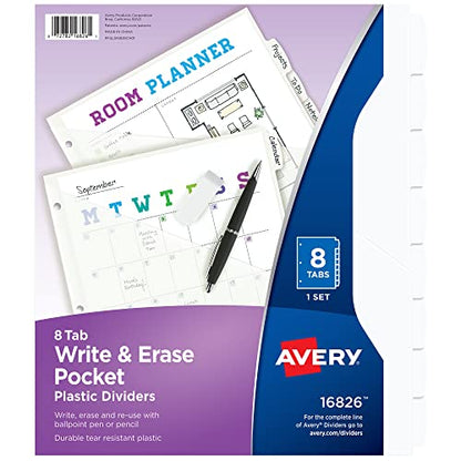 Avery Durable Plastic 8 Tab Write & Erase Dividers for 3 Ring Binders, Slash Pocket, Translucent White, Works with Sheet Protectors, 1 Set (16826)