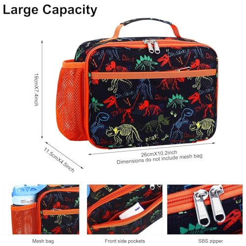 RHCPFOVR Kids Lunch Bag - Insulated Lunch Box for Boys Girls,Washable Lunch Bag and Reusable Toddler Leak-proof Lunchbox for School and Daycare - color: Orange & Black Dinosaur