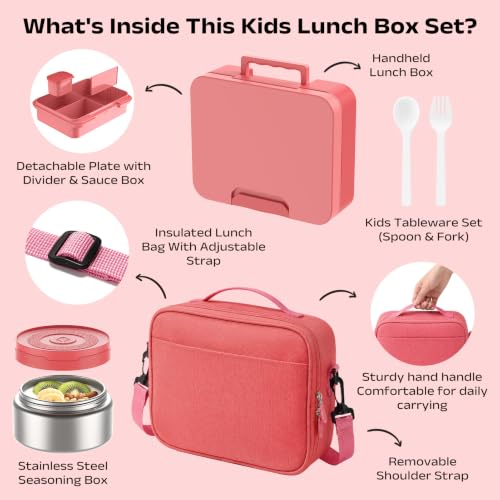 Bento Lunch Box Set for Kids with 8.5oz Hot Food Jar Leak-Proof Lunch Food Container with Insulated Lunch Bag for Toddlers Girls Boys Teens to School, Office, Picnic, Camping, Travel - Pink - color: Pink