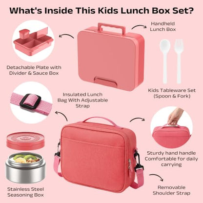 Bento Lunch Box Set for Kids with 8.5oz Hot Food Jar Leak-Proof Lunch Food Container with Insulated Lunch Bag for Toddlers Girls Boys Teens to School, Office, Picnic, Camping, Travel - Pink - color: Pink