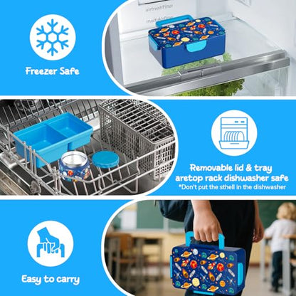 SHPMXUPW Kids Bento Lunch Box – 12 oz Stainless‑Steel Soup Thermo & 3‑Compartment Leak‑Proof Food Container with Built‑In Ice Pack, Insulated Food Jar for Boys & Girls, School & Travel - color: Blue-Universe