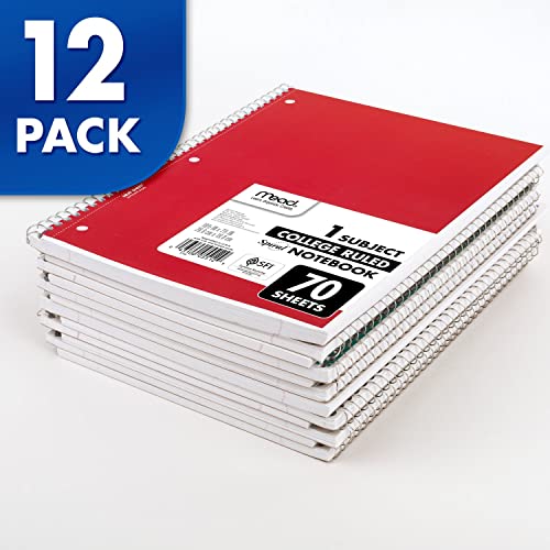 Mead Spiral Notebook, 12 Pack, 1 Subject, College Ruled Paper, 7-1/2" x 10-1/2", 70 Sheets per Notebook, Colors Will Vary (830063-ECM25) - size: Pack of 12