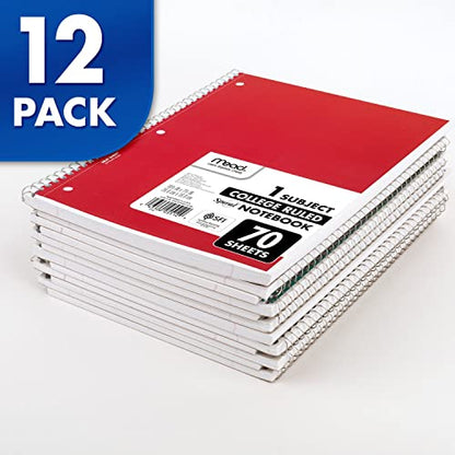 Mead Spiral Notebook, 12 Pack, 1 Subject, College Ruled Paper, 7-1/2" x 10-1/2", 70 Sheets per Notebook, Colors Will Vary (830063-ECM25) - size: Pack of 12