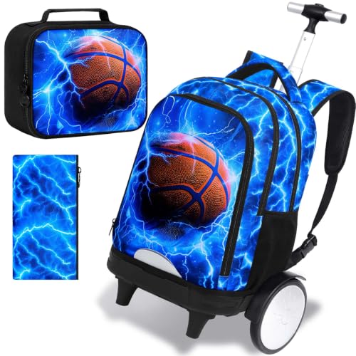 KLFVB Big Quiet-Glide Wheels Roller Backpack, 3-in-1 Wheeled Bookbag Set with Lunch Bag | Water-Resistant Rolling Bag for Boys, School, Travel, Play - Lightning Basketball - color: Big Wheels Rolling Backpack - Lightning Basketball