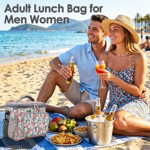 FlowFly Insulated Reusable Lunch Bag Adult Large Lunch Box for Women and Men with Adjustable Shoulder Strap,Front Zipper Pocket and Dual Large Mesh Side Pockets,Floral - color: Floral