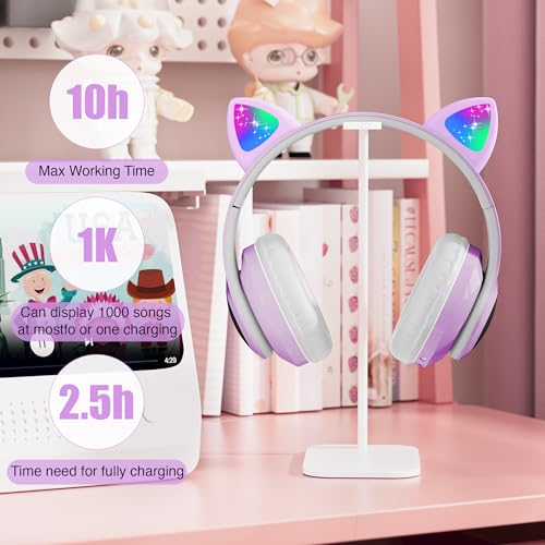 Kids Cat Ear Bluetooth Headphones, LED Light, Mic, Foldable | Foldable Cat Headphone, LED Light Up Ear, Cat Ear Headphones for Toddler, Microphone/TF Card - color: Purple