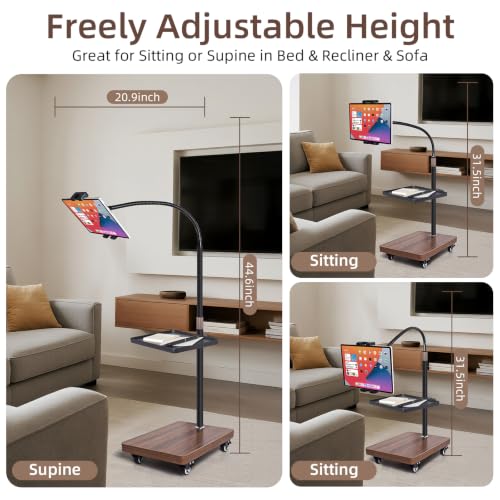 Rolling Tablet Holder Stand Adjustable Height & 360° Rotatable | 6.6LB Wood Base Mobile Tablet Mount, for Bed, Couch, Workout, Compatible with iPad Pro/Air/Mini, Phone (4.7-13")