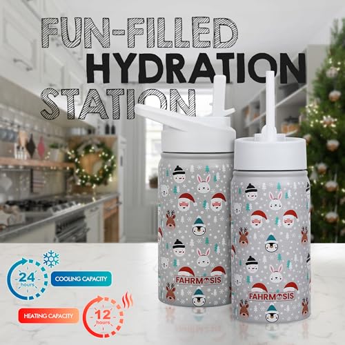 FAHRMOSIS 14 OZ Kids Water Bottle with Straw & 2 Lids (Flip & Spout) Leak Proof Metal Insulated Stainless Steel Reusable Tumbler for School & Sports Water Bottle - White (Winter) - color: White(Winter), style: Water Bottle - 14 OZ