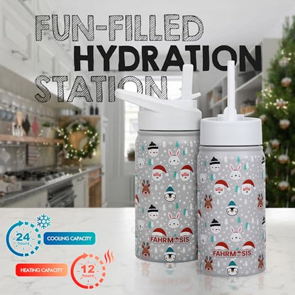 FAHRMOSIS 14 OZ Kids Water Bottle with Straw & 2 Lids (Flip & Spout) Leak Proof Metal Insulated Stainless Steel Reusable Tumbler for School & Sports Water Bottle - White (Winter) - color: White(Winter), style: Water Bottle - 14 OZ