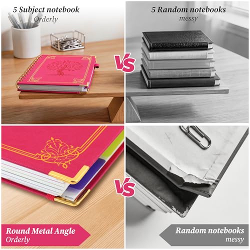 Hardcover Spiral Notebook Journal with Removable Dividers Tabs, 5 Subject Notebooks for Work School, 300 pages 8"x10" B5 leather Journal College Ruled, Cute Journal for women, Rose - color: Rose