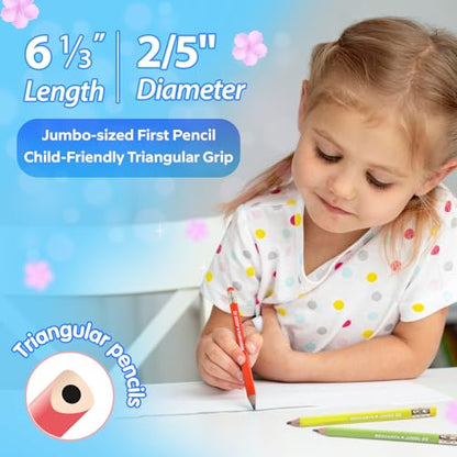 Jumbo HB Pre-sharpened Pencils #2 for Toddlers Preschoolers First Writing, Thick Triangular Grip Fat Pencils with Latex-Free Erasers, Break-Resistant, Back to School Supplies, 12 Count - color: Vibrant