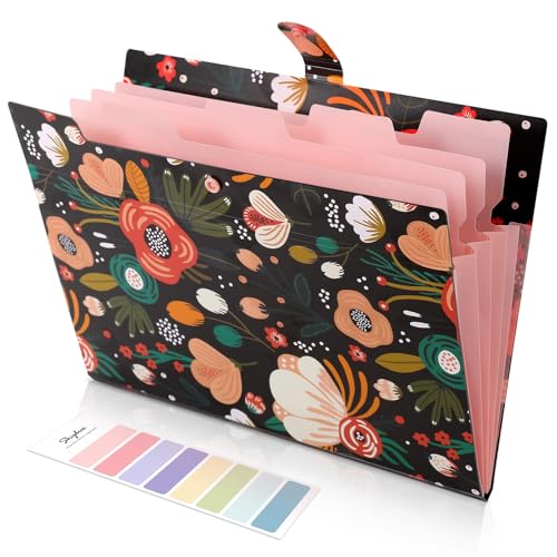 SKYDUE Expanding File Folder with 5 Pockets, Floral Accordion File Organizer for Important Document, Portable Receipt Paper Organizer, School Office Supplies Black - color: Black