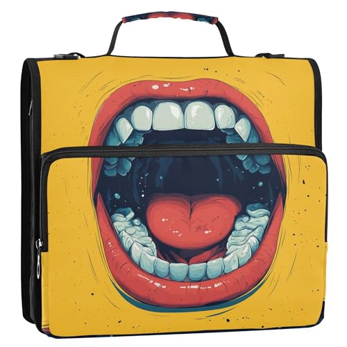 Funny Cartoon Mouth Zipper Binder with Shoulder Strap, 500 Sheets Capacity, Multiple Pockets 1.5Inch 3 Ring Zipper Binder - color: Funny Cartoon Mouth