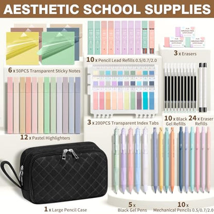 62PCS Aesthetic School Supplies with Cute Pencil Case, Pastel Highlighters Black Ink Gel Pens Mechanical Pencils Kit, Back to School Supplies College Essentials Preppy Stationary Set for Student Girls - color: Black