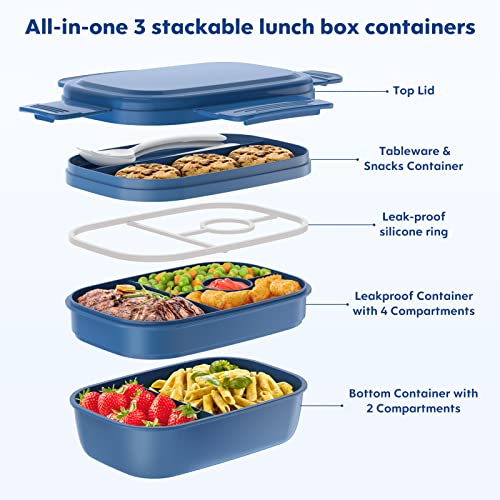 HOMETALL Stackable Bento Box Adult Lunch Box, Large Capacity 1900ml Lunchbox with Utensil Set, Leak-Proof for Dining Out, Work, Picnic, School - color: Dark Blue