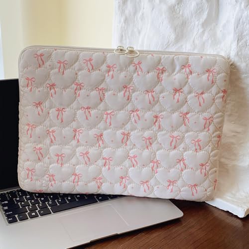 Cute Bow Laptop Sleeve 13 Inch, Puffy & Quilted Protective Case, Aesthetic Padded Computer Cover for Mac-Book, Tablet Compatible - color: Beige-Cute