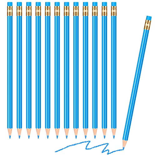 Chinco 12 Pieces Blue Pencils with Eraser for Kids HB Erasable Pencils Pre-sharpened Wooden Pencil Correcting for Students School Writing Drawing Checking - color: Blue