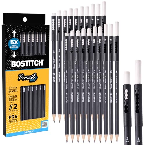 Bostitch, Wood-Cased Pencil Plus, Retractable Eraser, American Cedar Wood, #2 HB, Round, Matte Black, Pre-sharpened, Twenty Pack - size: Twenty Pack
