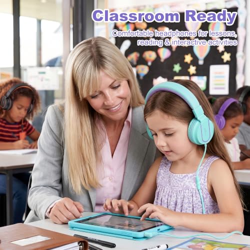 Kids Headphones, AILIHEN I35 On-Ear Headphones for School, 93dB HD Mic Stereo Headphone for Kid Girls Children, Foldable Wired 3.5mm for Chromebook, Laptop, Computer, Tablet (Green Purple) - color: Blue