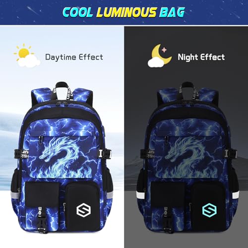 Scothen Boys Backpack, Cool Luminous School Backpacks for Boys with Lunch Bag Pencil Case, Kids Backpack Kindergarten Elementary Middle School Book Bags for Teen Boy Children with USB Charging Port - color: Blue Dragon
