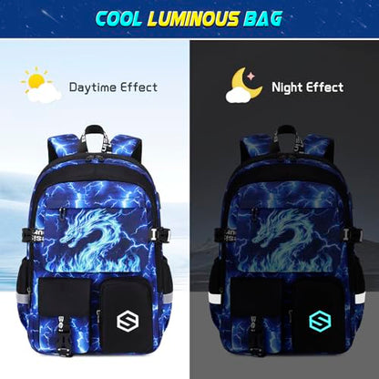 Scothen Boys Backpack, Cool Luminous School Backpacks for Boys with Lunch Bag Pencil Case, Kids Backpack Kindergarten Elementary Middle School Book Bags for Teen Boy Children with USB Charging Port - color: Blue Dragon