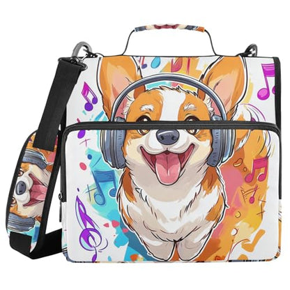 Cute Cartoon Corgi Music 3 Ring Zipper Binder with Shoulder Strap for School Office Organizer Storage