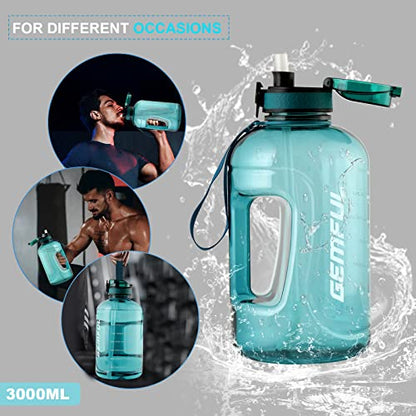 GEMFUL 3 Liter Water Bottle with Straw Time Marker 100oz Water Jug with Straw 2 Pack
