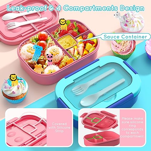 Bento Box Kid Adult Lunch Box 2 Pack, Leakproof Bento Lunch Container 4 Compartment Bento-Style Lunchbox with Utensil Set, On-the-Go Meal and Snack Packing for School, Work, Picnic - color: Pink & Blue
