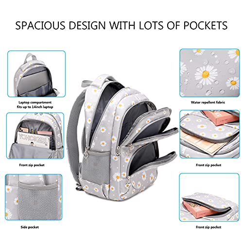 Glodwheat Daisy Printed Backpack For Girls- 3Pc Set With Lunch Box & Pencil Case, Lightweight Water-Resistant Bookbag For Elementary School - color: Grey