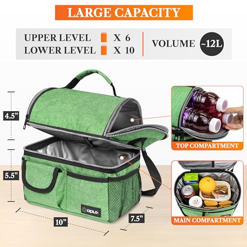 opux Insulated Lunch Bag Women Men, Dual Compartment Leakproof Lunch Box Adults Kids, Double Decker Meal Prep Bento Lunch Cooler Tote with Shoulder Strap for Work Office School Travel, Green - color: Heather Green